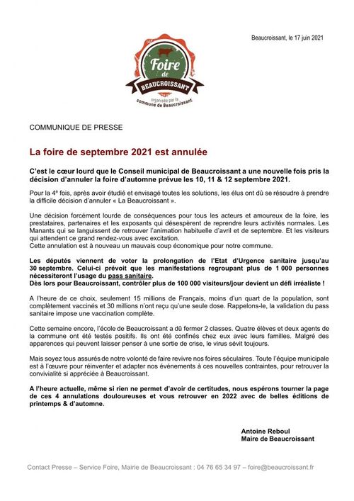 Communiqué annulation Foire de Septembre