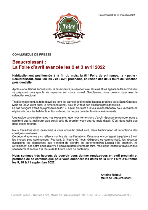 Communiqué Foire d'avril 2022